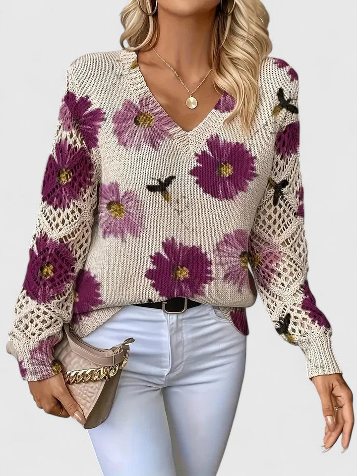 Lagoz™ – Gebreide Bloementrui met Elegante V-hals & Comfort Fit