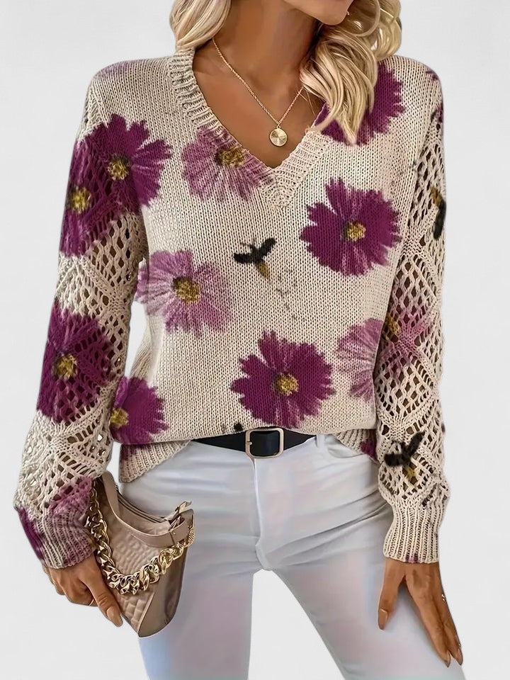 Lagoz™ – Gebreide Bloementrui met Elegante V-hals & Comfort Fit