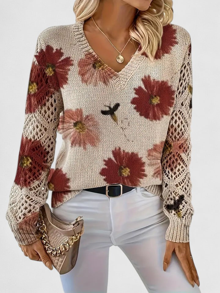 Lagoz™ – Gebreide Bloementrui met Elegante V-hals & Comfort Fit