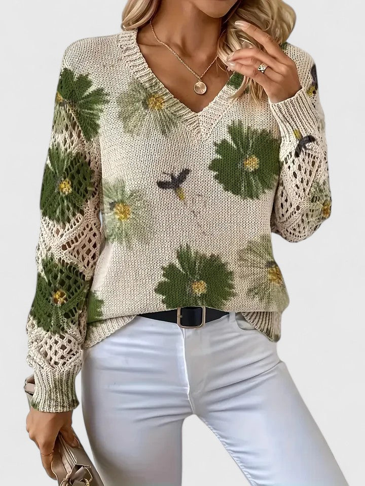 Lagoz™ – Gebreide Bloementrui met Elegante V-hals & Comfort Fit
