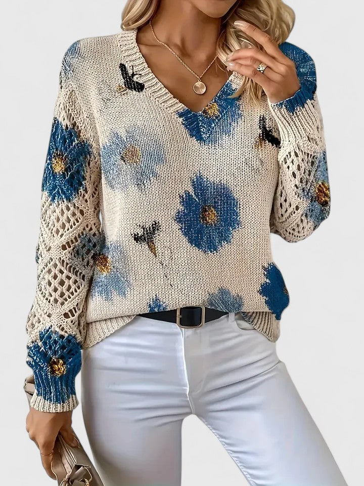 Lagoz™ – Gebreide Bloementrui met Elegante V-hals & Comfort Fit
