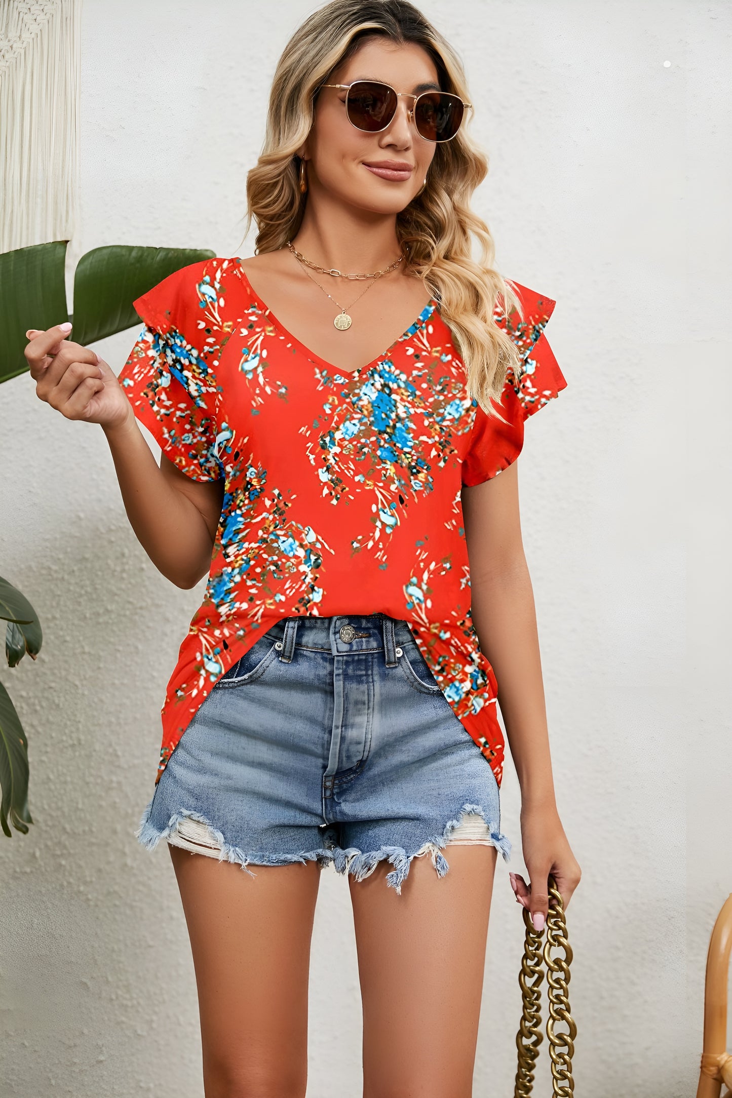 Lagoz Elise | Vrouwelijke V-hals Top met Ruffled Korte Mouwen