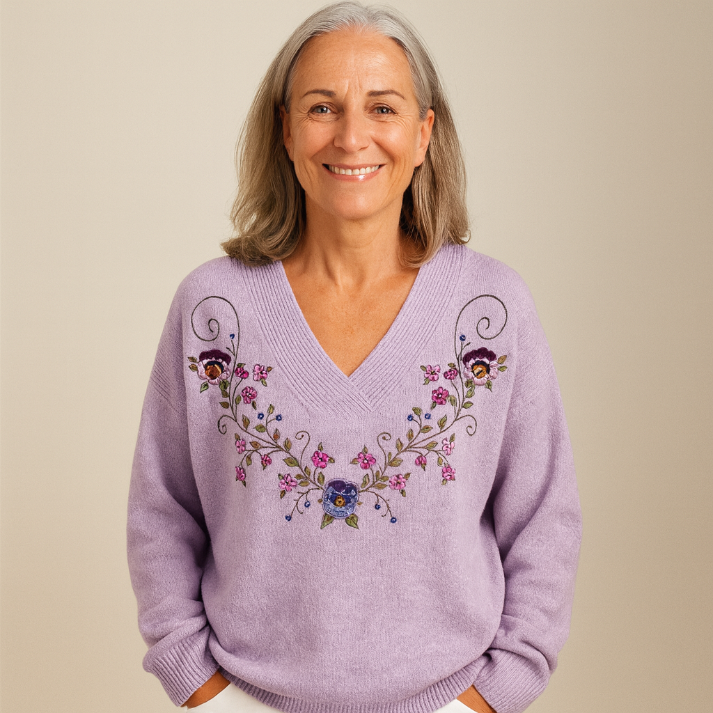 Lagoz | V-hals Trui met Elegante Bloemenborduursels