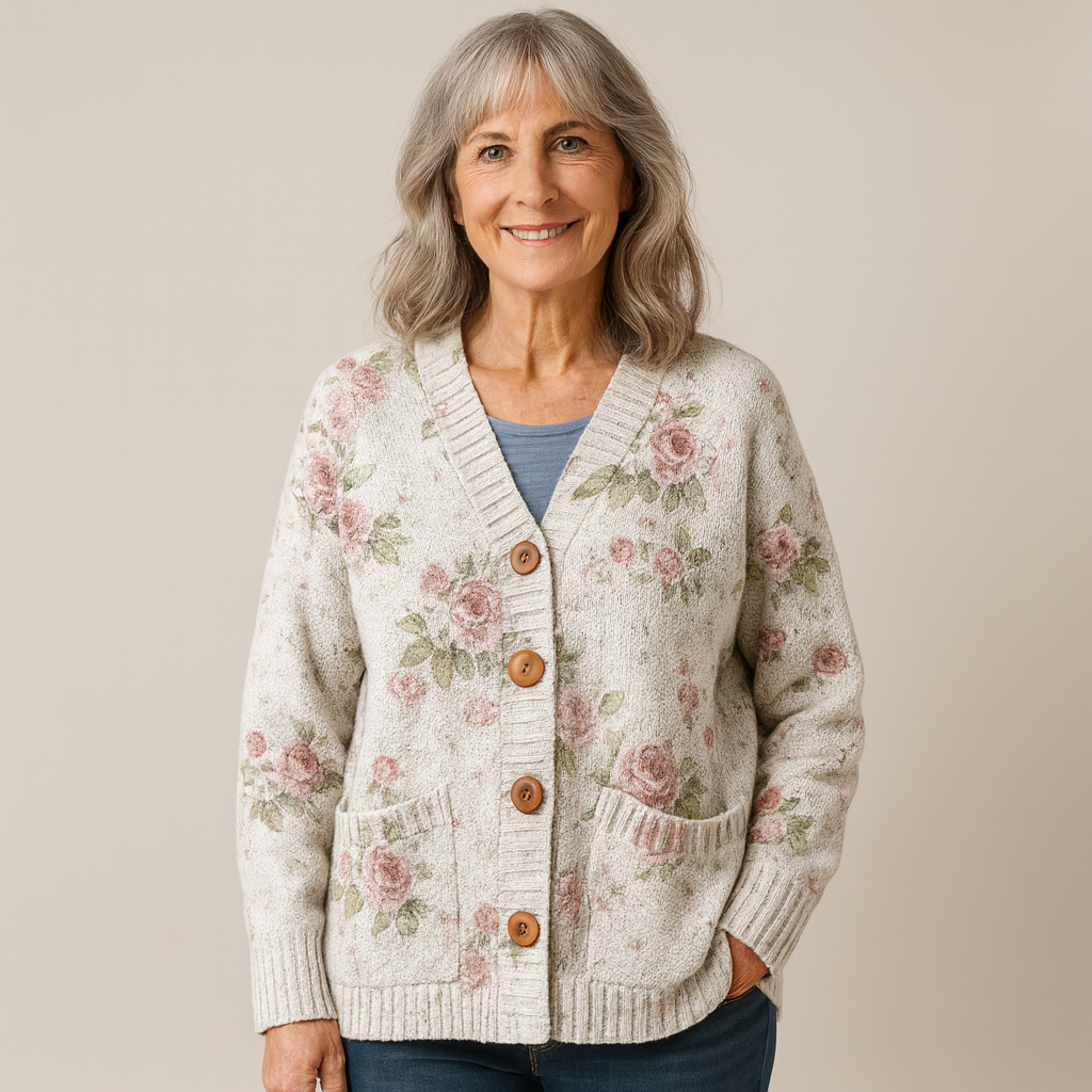 Lagoz | Gebreide Cardigan met Romantisch Bloemenpatroon