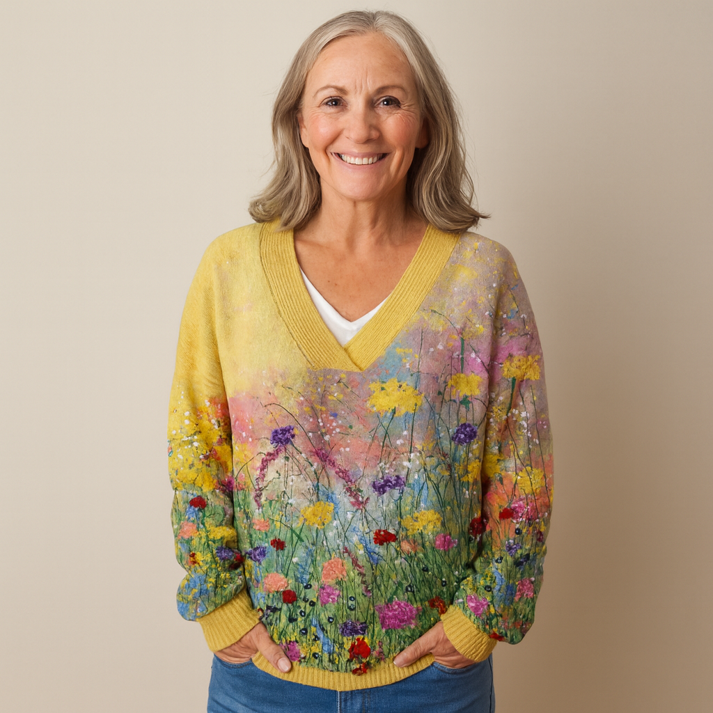 Lagoz | V-hals Trui met Kleurrijk Bloemenpatroon