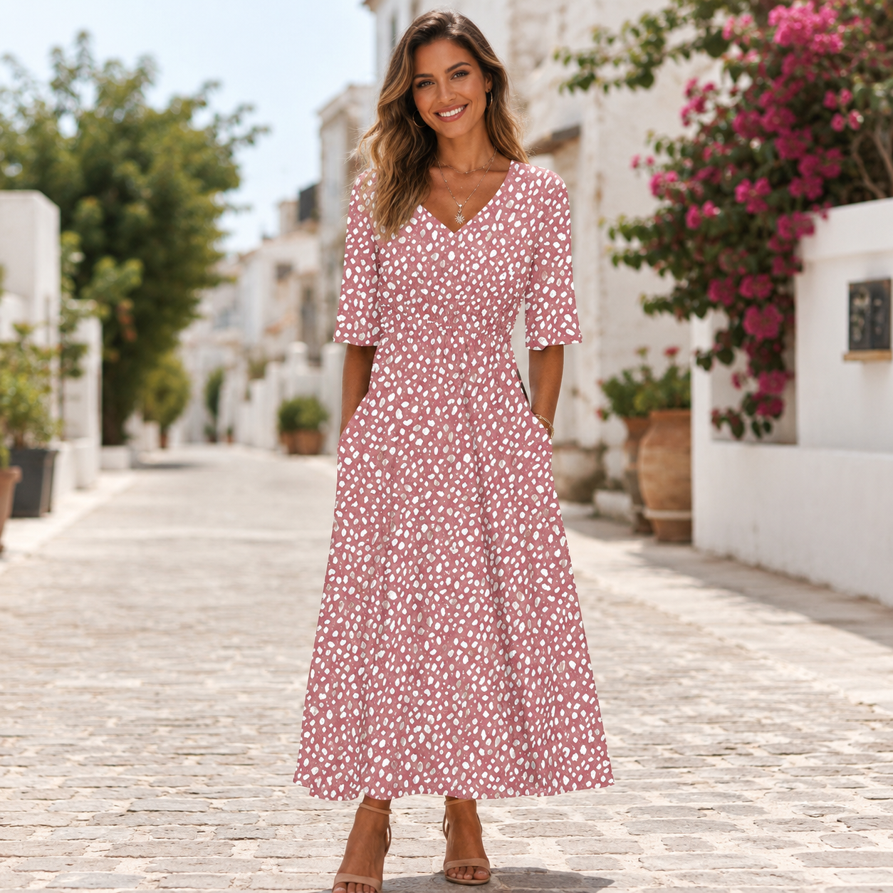 Lagoz Tess | Elegante Dames Midi Jurk Met Buikcamouflerend Design