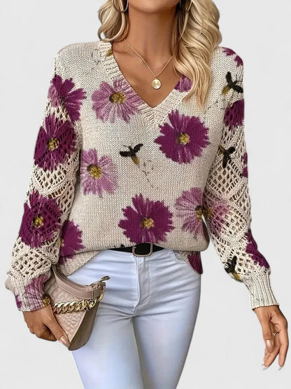 Lagoz™ – Gebreide Bloementrui met Elegante V-hals & Comfort Fit