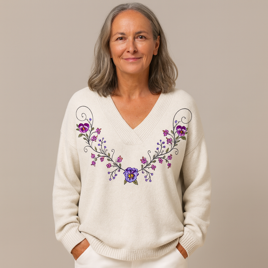 Lagoz | V-hals Trui met Elegante Bloemenborduursels
