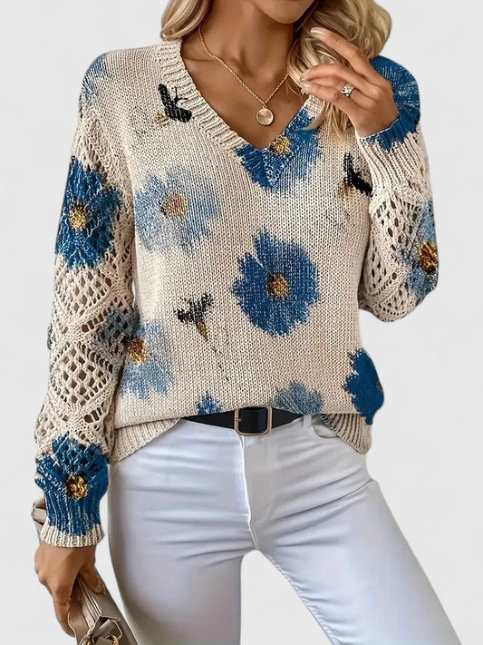 Lagoz™ – Gebreide Bloementrui met Elegante V-hals & Comfort Fit