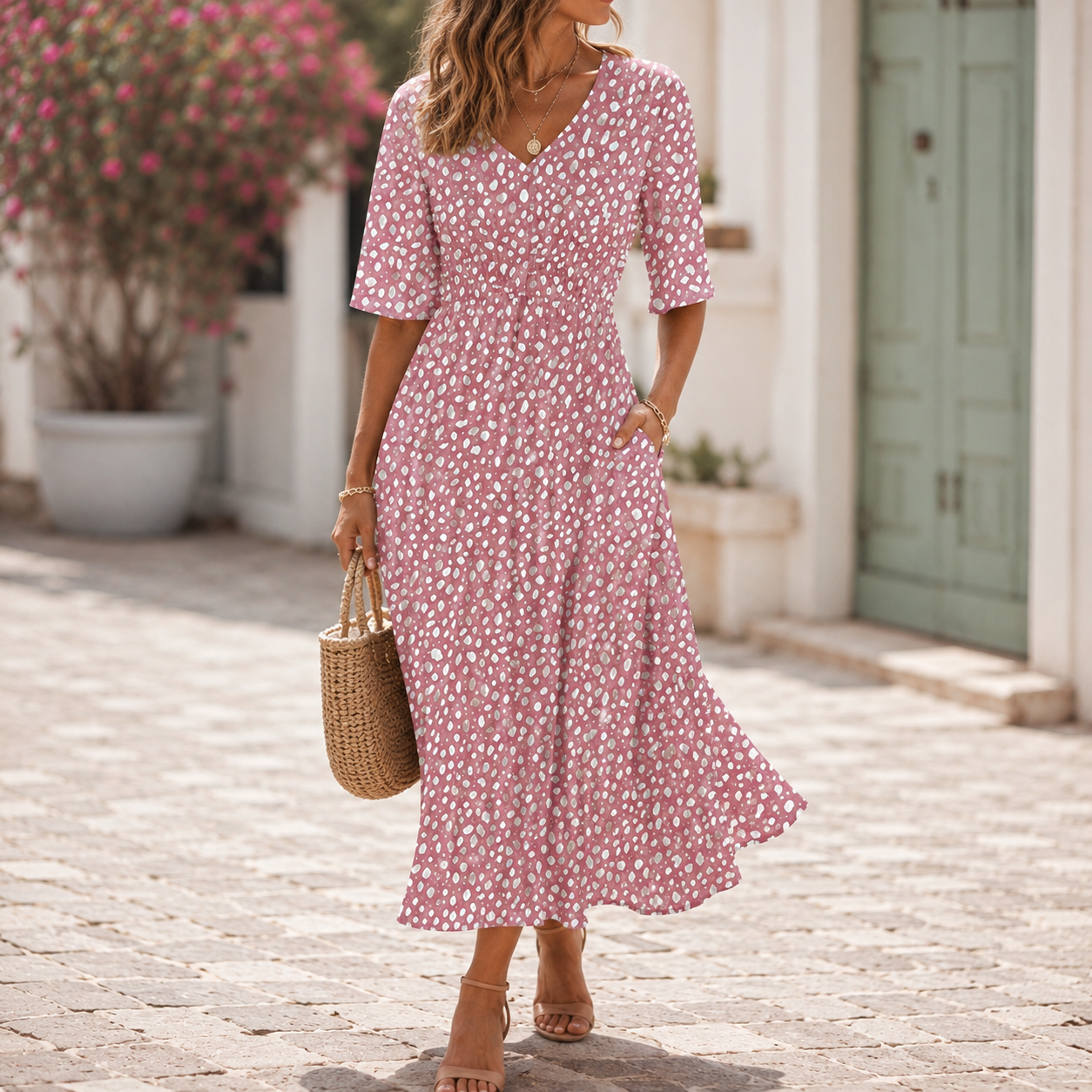 Lagoz Tess | Elegante Dames Midi Jurk Met Buikcamouflerend Design