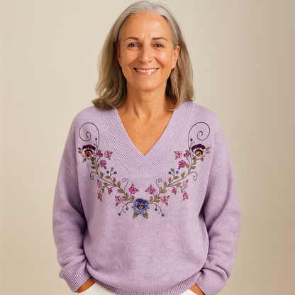 Lagoz | V-hals Trui met Elegante Bloemenborduursels