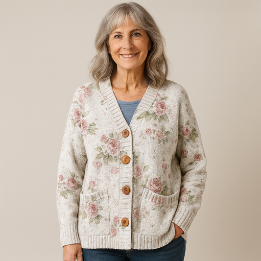 Lagoz | Gebreide Cardigan met Romantisch Bloemenpatroon