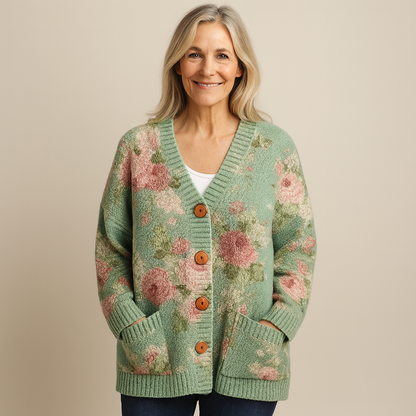 Lagoz | Gebreide Cardigan met Romantisch Bloemenpatroon